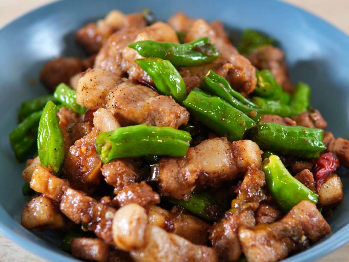 STIR- FRIED PORK BELLY WITH SHISHITO PEPPERS